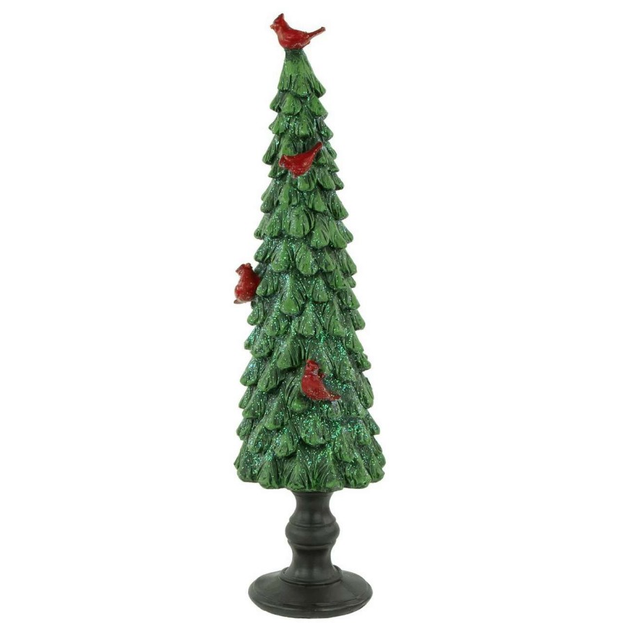 Christmas Table Top Trees * | Northlight 14.5 Green Glittered Christmas Tree With Red Cardinals Decoration