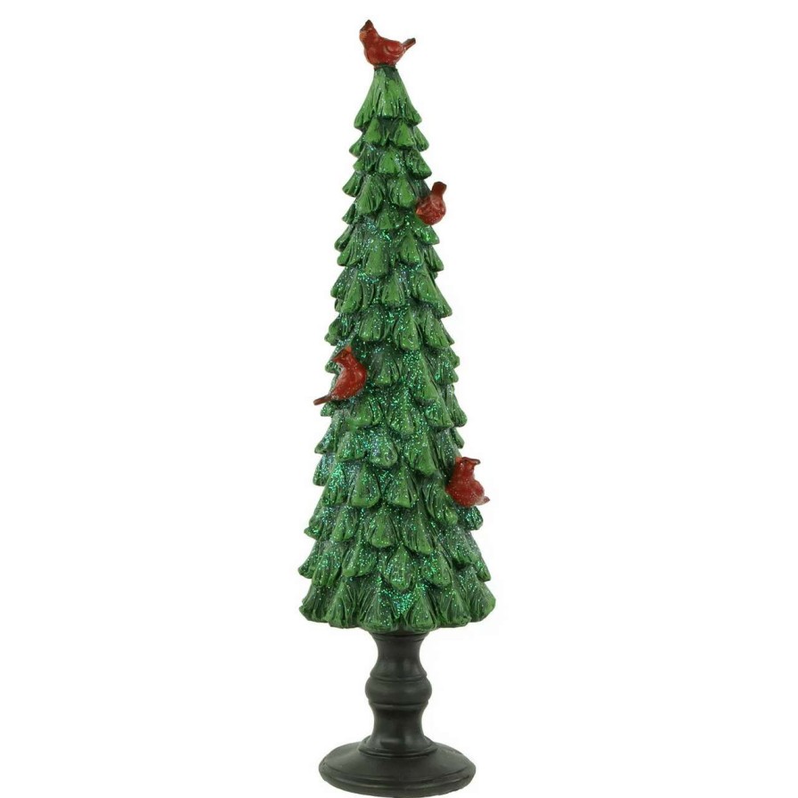 Christmas Table Top Trees * | Northlight 14.5 Green Glittered Christmas Tree With Red Cardinals Decoration