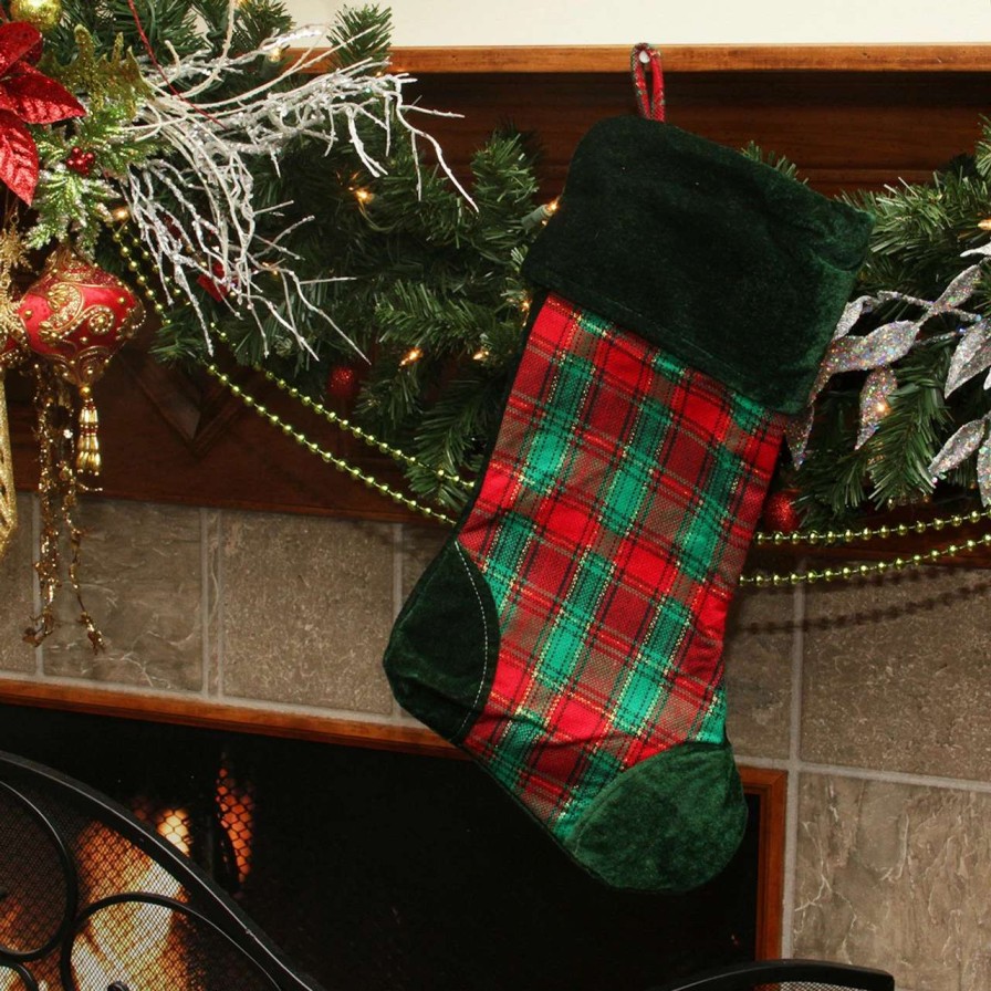 Stockings & Holders * | Northlight 19 Christmas Traditions Green, Red And Gold Woven Plaid And Velvet Stocking