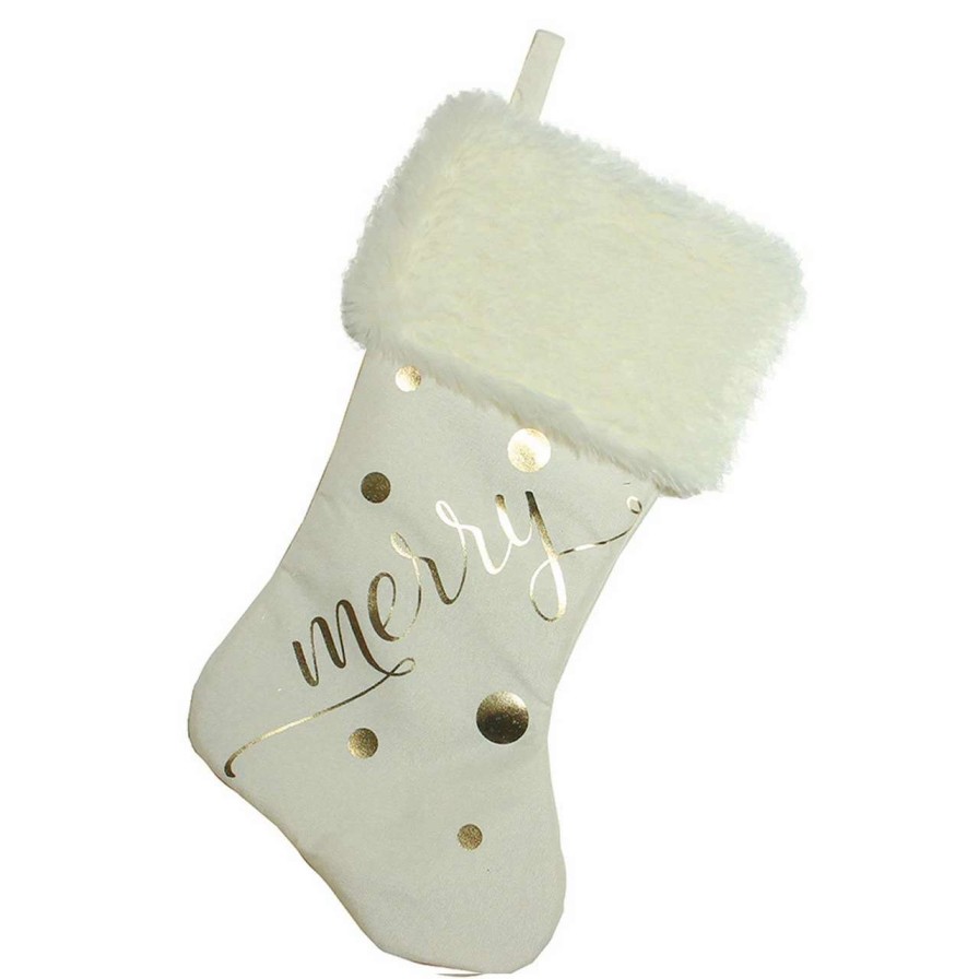 Stockings & Holders * | Northlight 19 Ivory White Gold Foil "Merry" Christmas Stocking With White Faux Fur Cuff