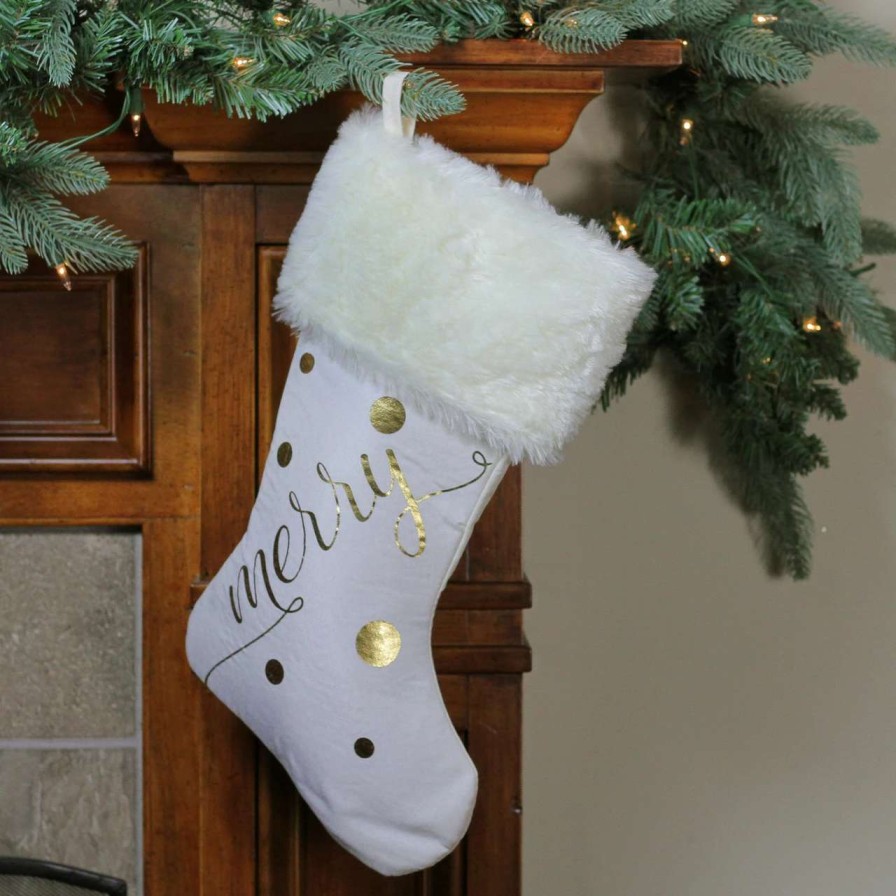 Stockings & Holders * | Northlight 19 Ivory White Gold Foil "Merry" Christmas Stocking With White Faux Fur Cuff