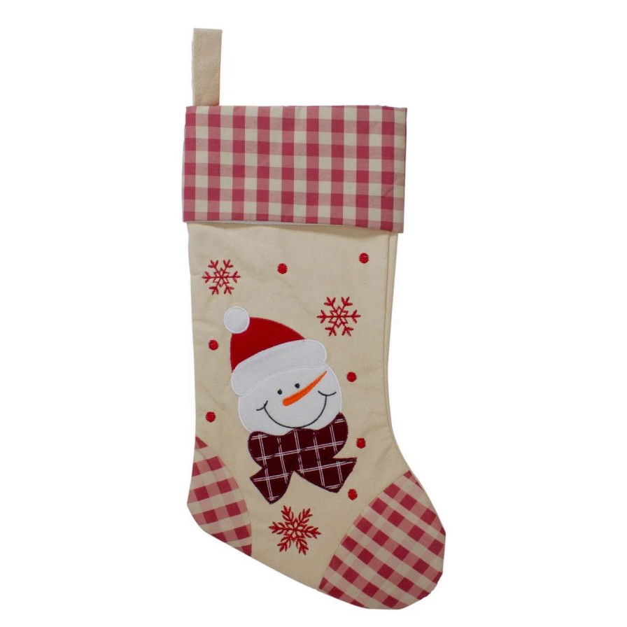 Stockings & Holders * | Northlight 17 Red And Beige Burlap Embroidered Snowman Christmas Stocking With Red Gingham Cuff