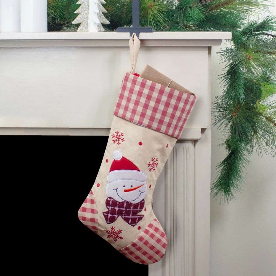 Stockings & Holders * | Northlight 17 Red And Beige Burlap Embroidered Snowman Christmas Stocking With Red Gingham Cuff