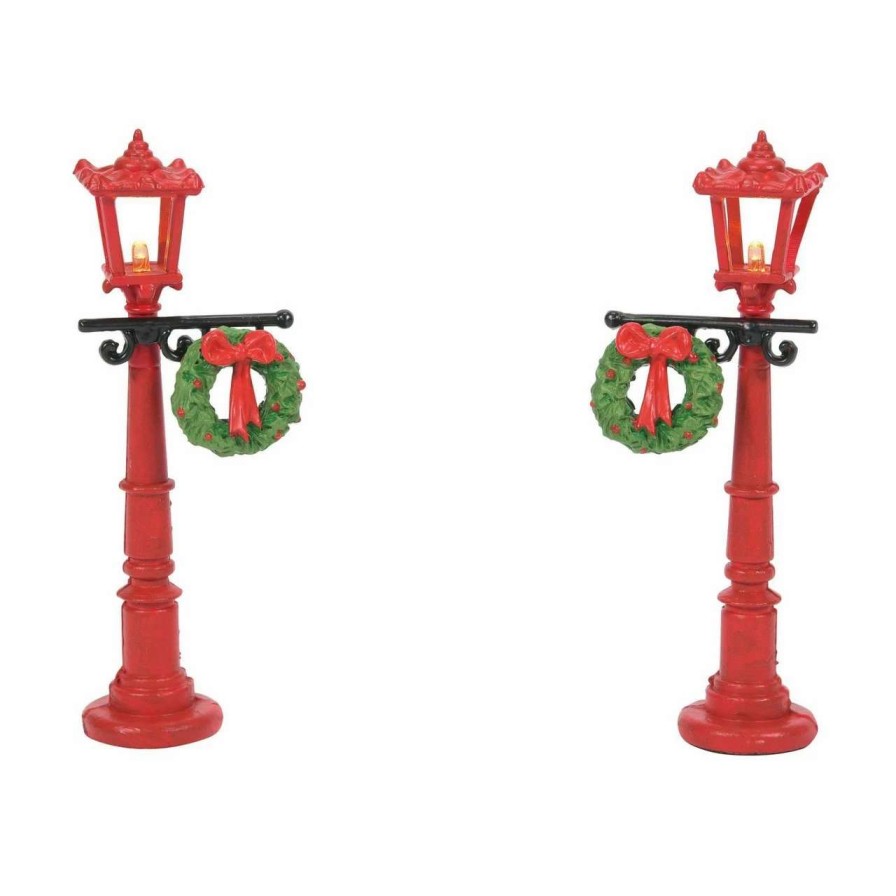 Christmas Village Sets & Accessories * | Department 56 Dept 56 Set Of 2 Red Christmas Village Street Lights With Wreaths