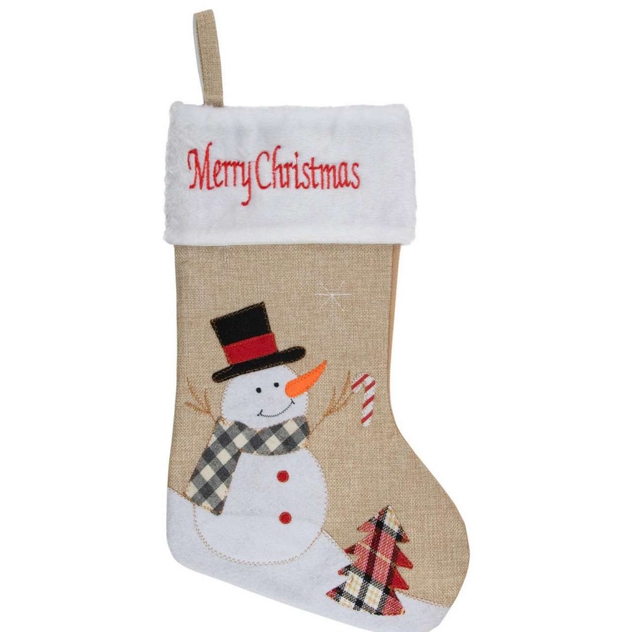 Stockings & Holders * | Northlight 19 Beige And Red Burlap "Merry Christmas" Snowman Christmas Stocking