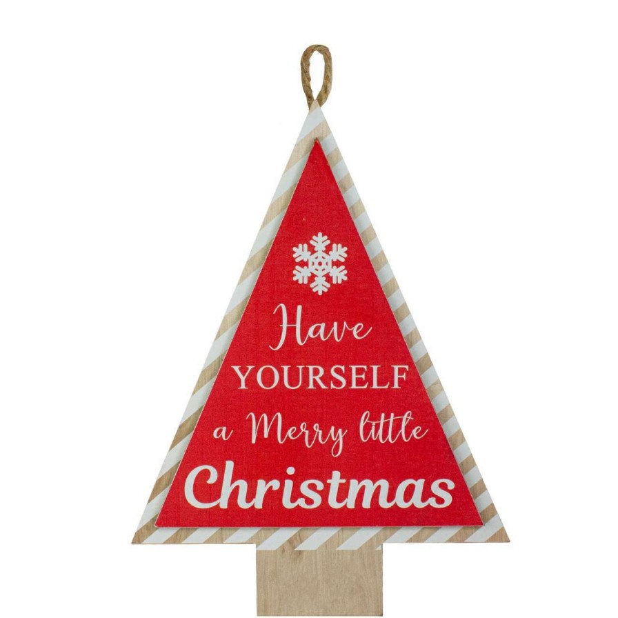 Christmas Village Sets & Accessories * | Northlight 16" Red And White Merry Little Christmas Tree Wooden Hanging Wall Sign