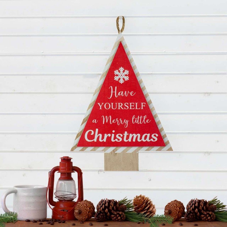 Christmas Village Sets & Accessories * | Northlight 16" Red And White Merry Little Christmas Tree Wooden Hanging Wall Sign