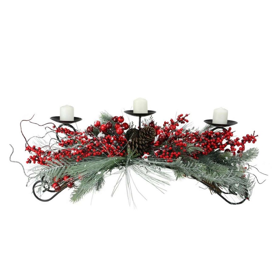 Candles & Lanterns * | Melrose 30 Red Frosted Berry And Pine Needle Christmas Candle Holder