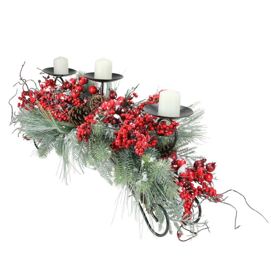 Candles & Lanterns * | Melrose 30 Red Frosted Berry And Pine Needle Christmas Candle Holder