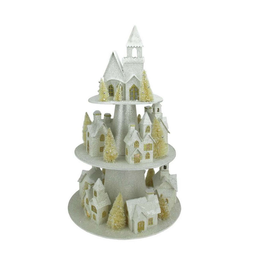 Christmas Village Sets & Accessories * | Raz 25 Silver And Gold Glitter Lighted 3-Tier Christmas House Display Decoration