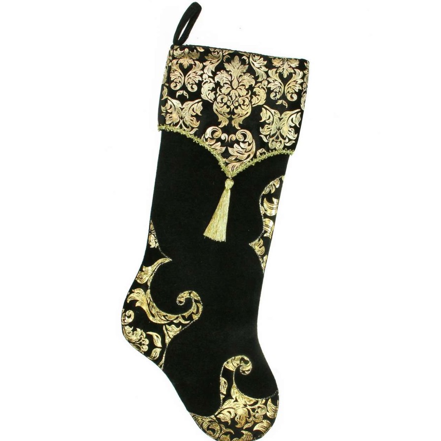 Stockings & Holders * | Northlight 21.5 Black And Gold Damask Velveteen Christmas Stocking With Tassel