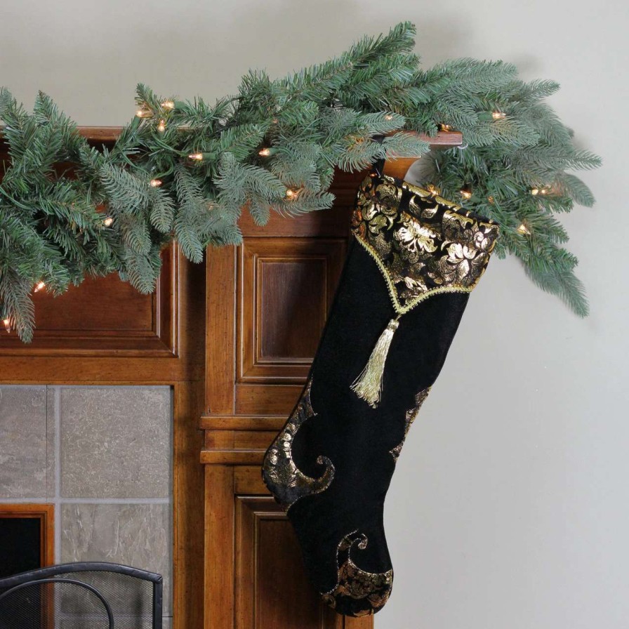 Stockings & Holders * | Northlight 21.5 Black And Gold Damask Velveteen Christmas Stocking With Tassel