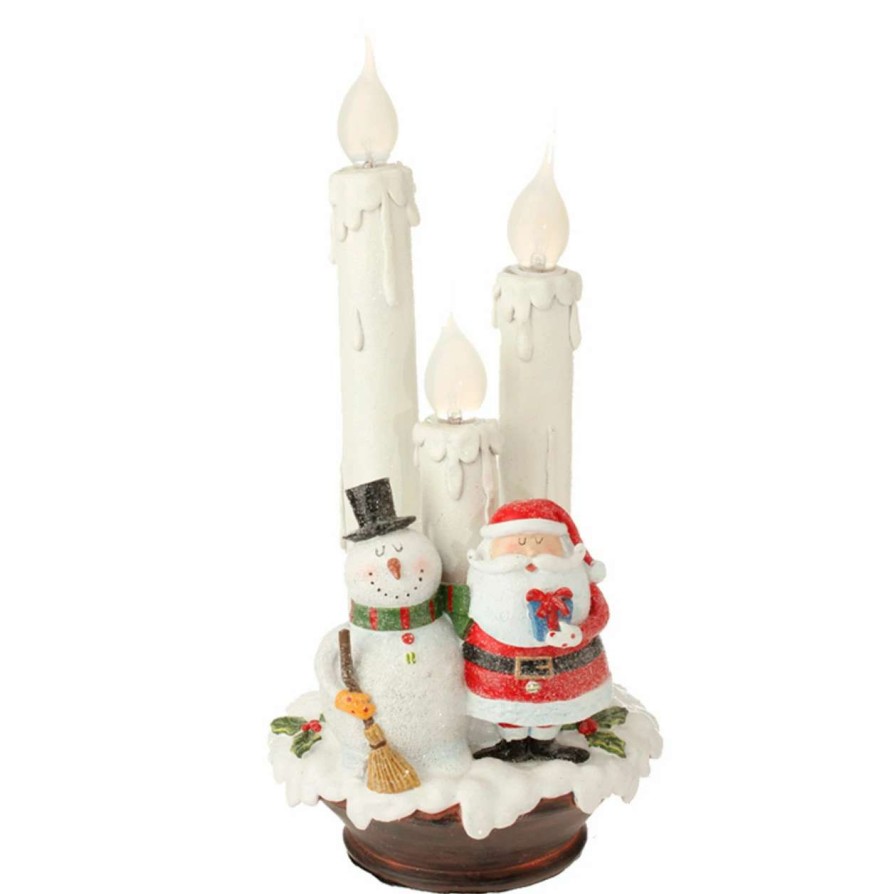 Candles & Lanterns * | Raz 14 White Lighted Santa And Snowman Triple Flameless Candle Lamp Christmas Figurine