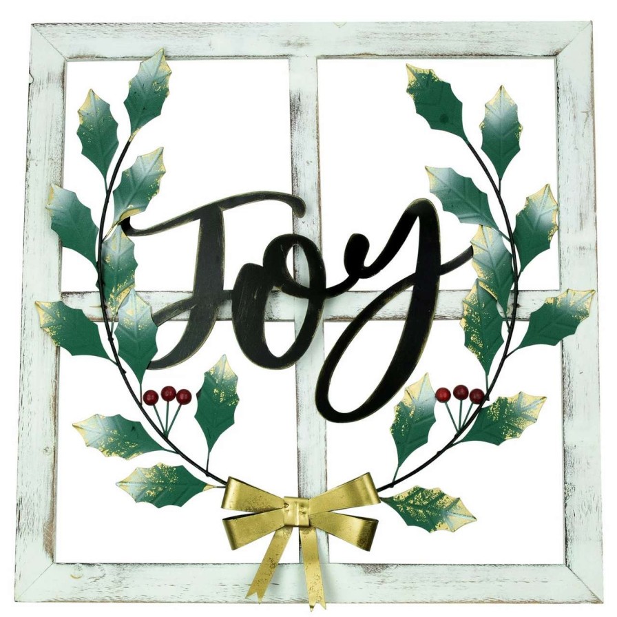 Christmas Village Sets & Accessories * | Northlight 23.75 Joy Window Frame With Holly Christmas Wall Sign