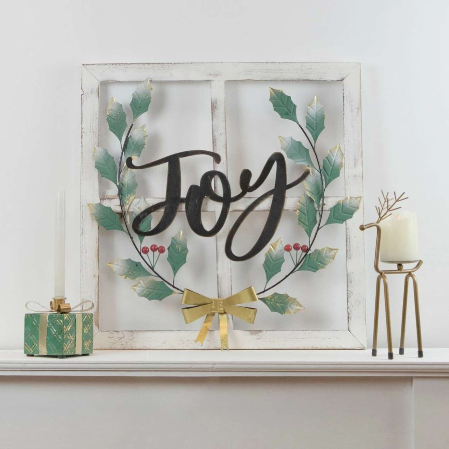 Christmas Village Sets & Accessories * | Northlight 23.75 Joy Window Frame With Holly Christmas Wall Sign