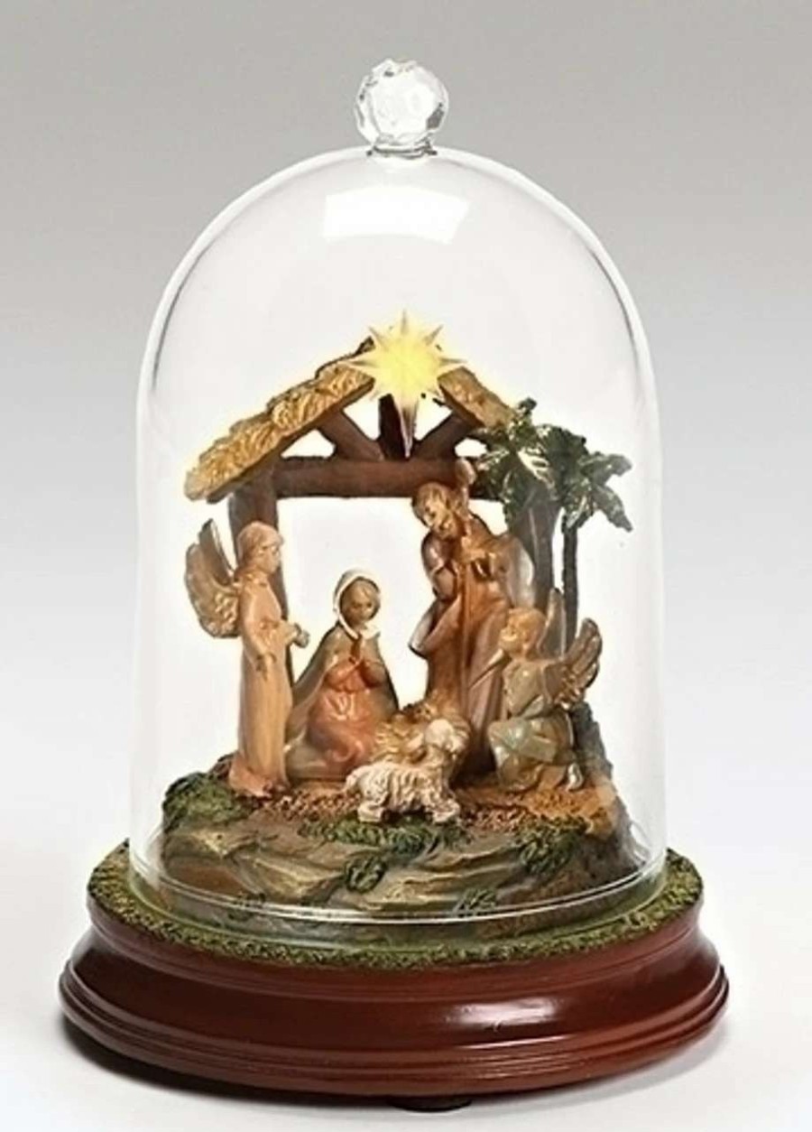 Nativity Sets & Accessories * | Roman 7.25 Brown And Yellow Led Lighted Musical Cloche Dome Nativity Scene Christmas Decor