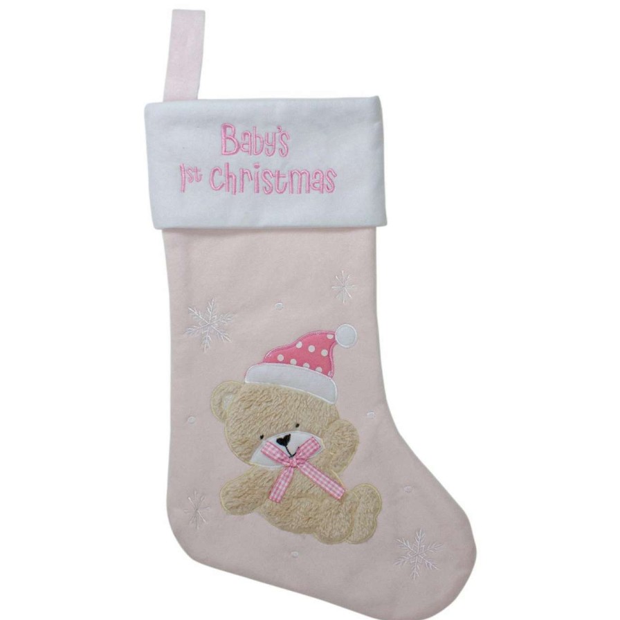 Stockings & Holders * | Northlight 19 Pink And White Baby'S 1St Christmas Embroidered Teddy Bear Christmas Stocking