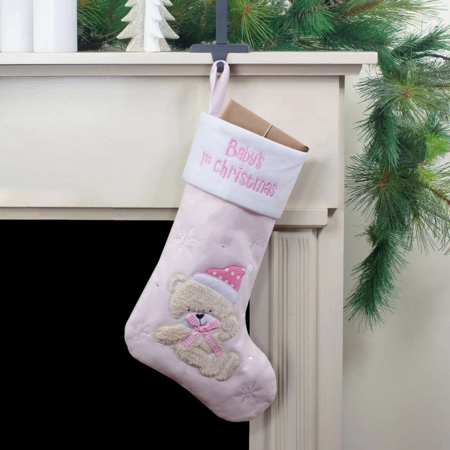 Stockings & Holders * | Northlight 19 Pink And White Baby'S 1St Christmas Embroidered Teddy Bear Christmas Stocking