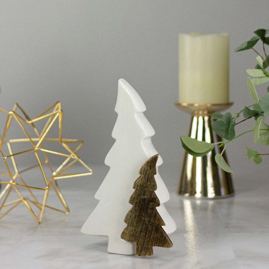 Christmas Table Top Trees * | Northlight 8.5 Ceramic And Wood Trees Christmas Decoration