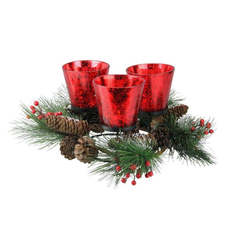 Candles & Lanterns * | Cc Christmas Decor 8 Red Triple Speckled Glass Candle Holder Wreath With Pinecones