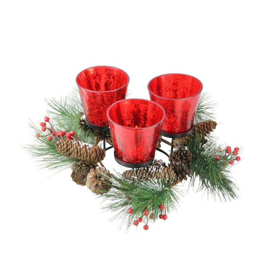 Candles & Lanterns * | Cc Christmas Decor 8 Red Triple Speckled Glass Candle Holder Wreath With Pinecones