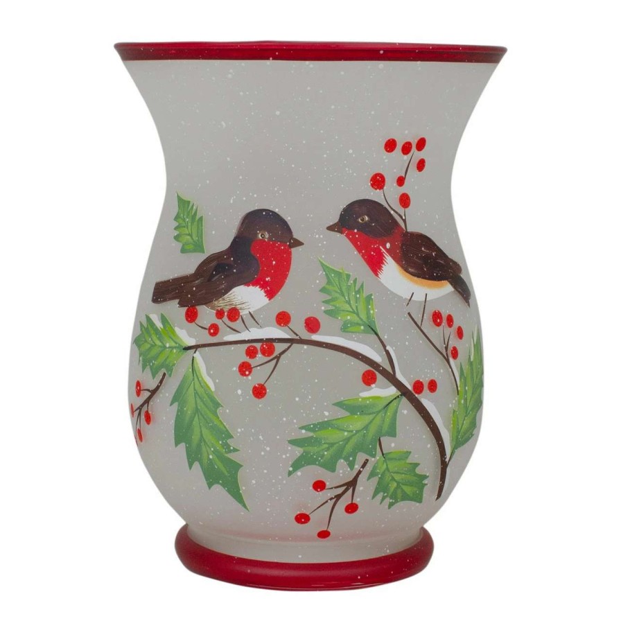 Candles & Lanterns * | Northlight 8-Inch Hand Painted Finches And Pine Flameless Glass Candle Holder