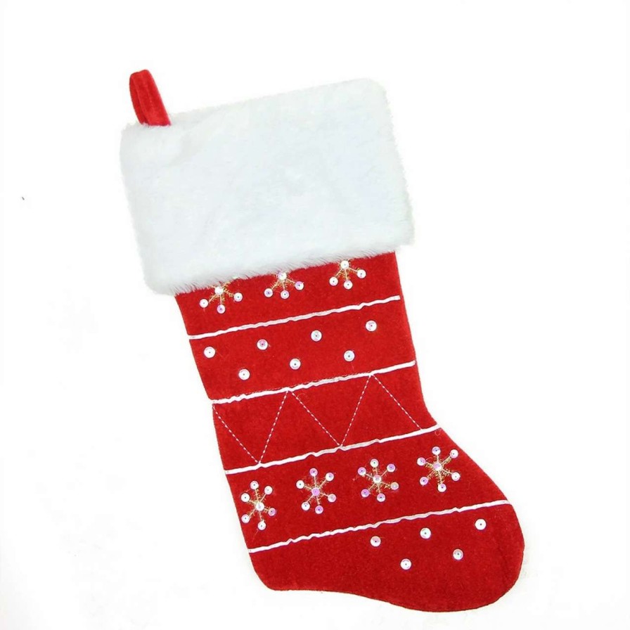 Stockings & Holders * | Northlight 19 Red And White Embroidered Snowflake Cuffed Christmas Stocking