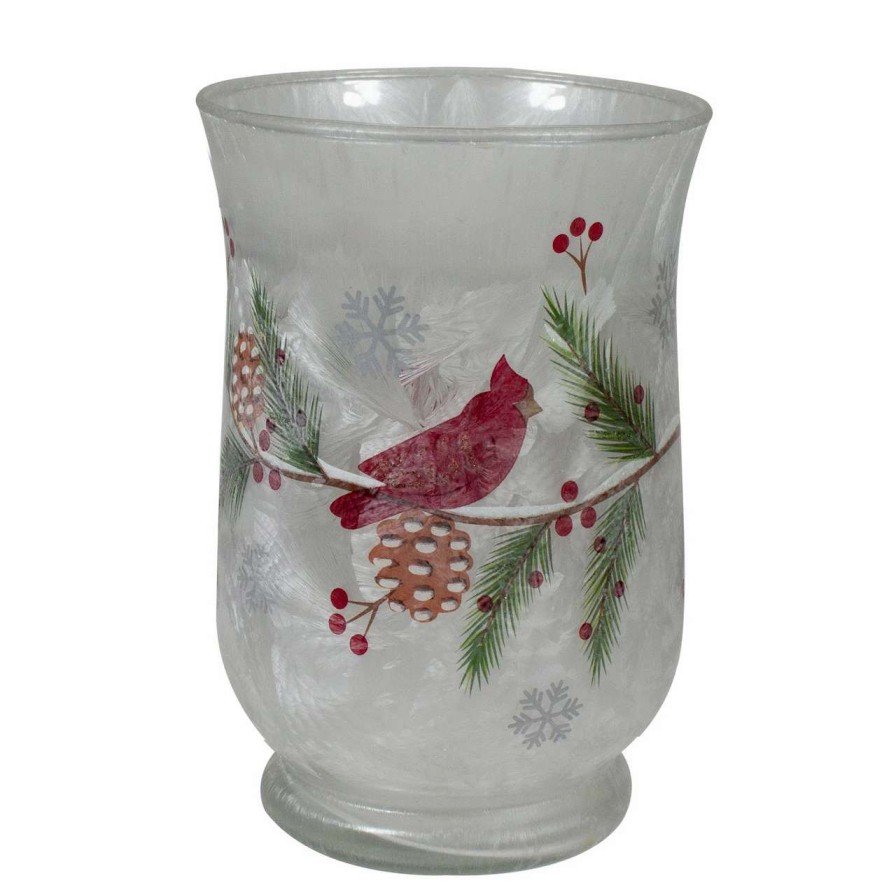 Candles & Lanterns * | Northlight 6 Hand Painted Christmas Cardinal And Pine Flameless Glass Candle Holder