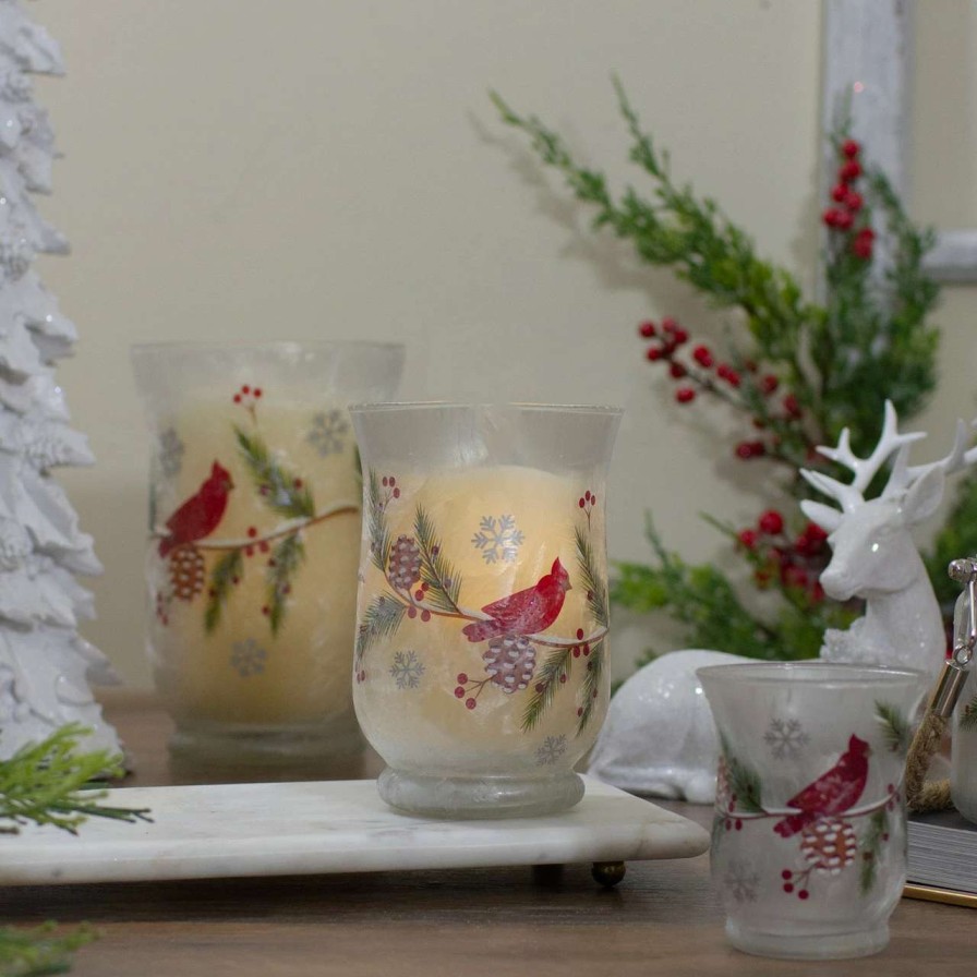 Candles & Lanterns * | Northlight 6 Hand Painted Christmas Cardinal And Pine Flameless Glass Candle Holder