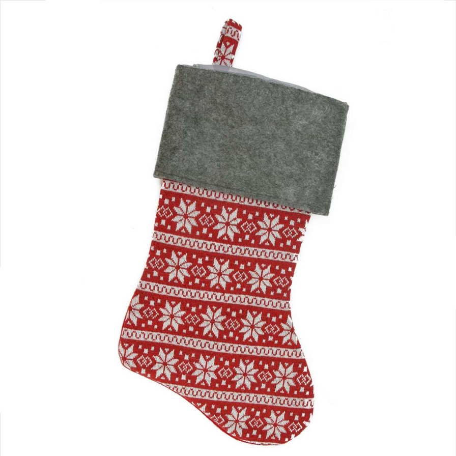 Stockings & Holders * | Northlight 19 Festive Red, White And Grey Poinsettia Style Snowflake Motif Sweater Knit Christmas Stocking