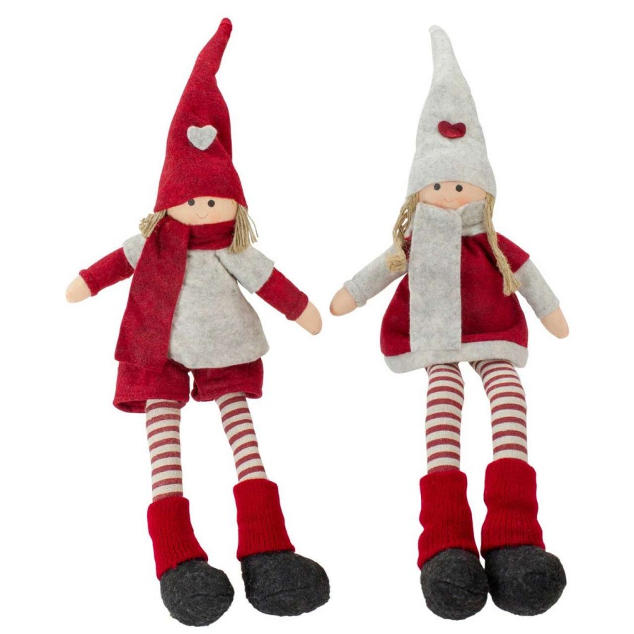 Figures * | Northlight Set Of 2 Plush Red And Beige Boy And Girl Sitting Christmas Doll Decorations 19