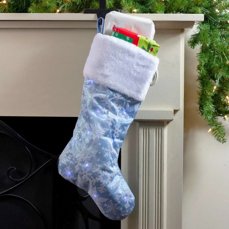 Stockings & Holders * | Northlight 19 Led Lighted Blue Iridescent Glittered Snowflake Christmas Stocking