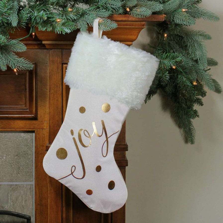 Stockings & Holders * | Northlight 19 Ivory White And Gold "Joy" Christmas Stocking With White Faux Fur Cuff