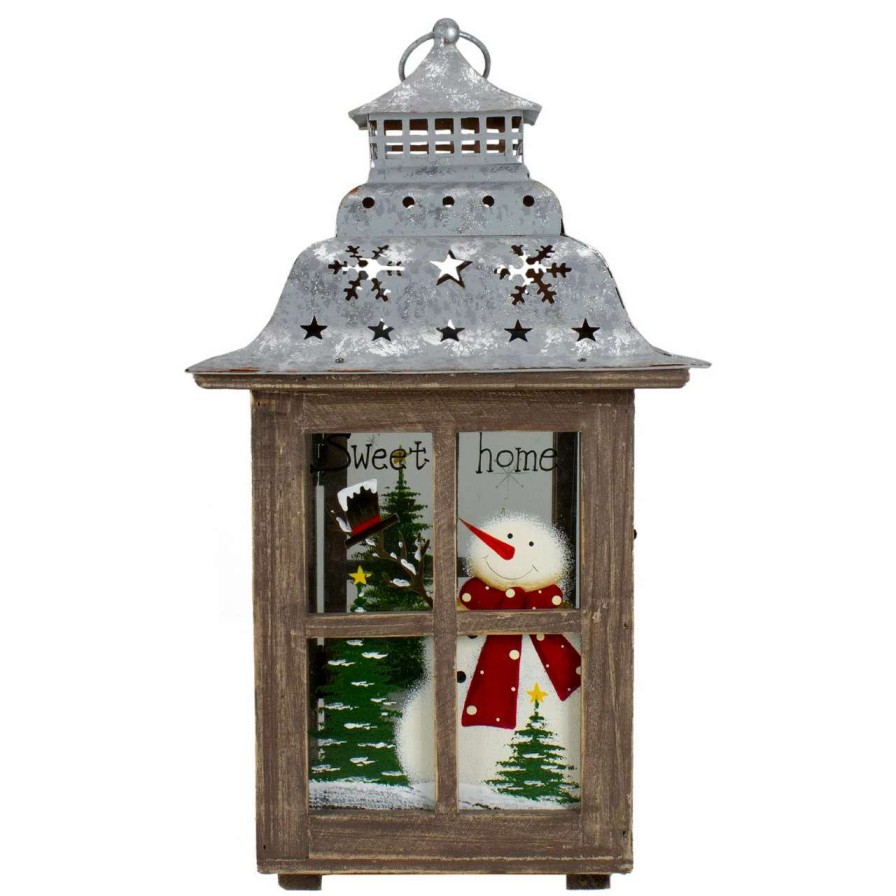 Candles & Lanterns * | Northlight 16.5 Rustic Wooden Snowman Holiday Scene Christmas Pillar Candle Lantern