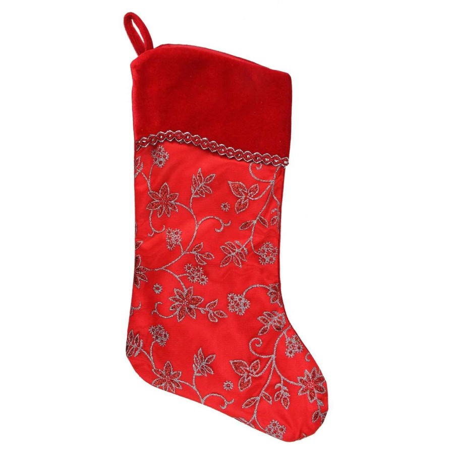 Stockings & Holders * | Northlight 20.5 Red And Silver Glittered Floral Shadow Cuffed Christmas Stocking