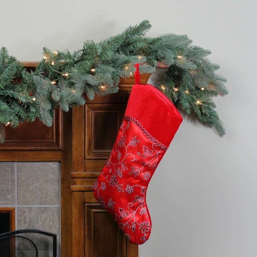 Stockings & Holders * | Northlight 20.5 Red And Silver Glittered Floral Shadow Cuffed Christmas Stocking