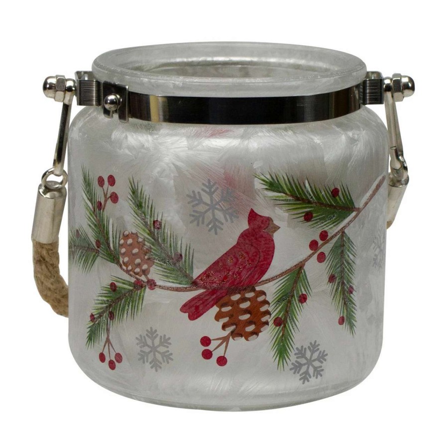 Candles & Lanterns * | Northlight 4 Hand Painted Christmas Cardinal And Pine Flameless Glass Christmas Candle Holder