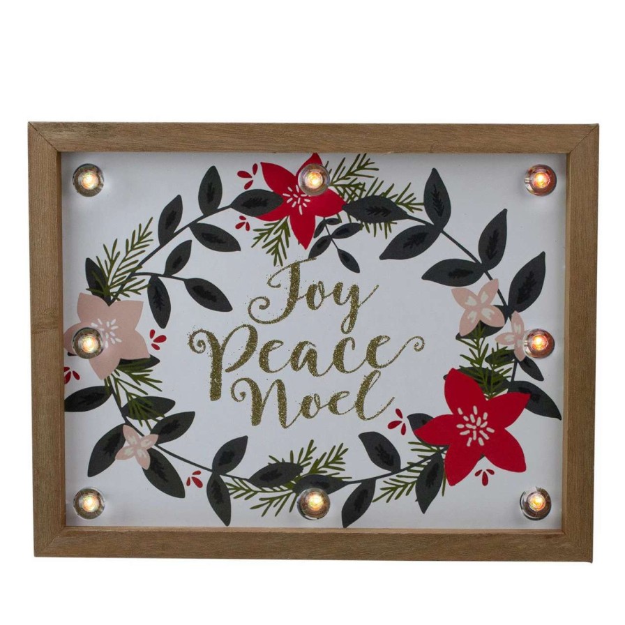 Christmas Village Sets & Accessories * | Northlight 11.8 Brown Framed Floral "Joy, Peace, Noel" Wooden Christmas Wall Plaque