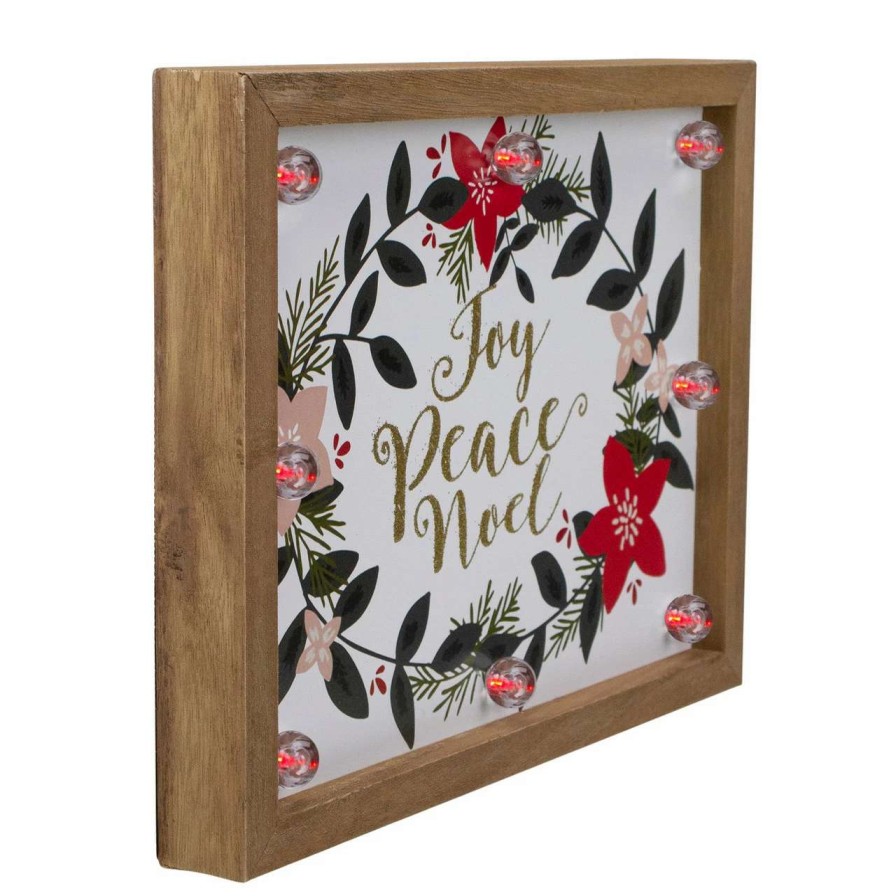 Christmas Village Sets & Accessories * | Northlight 11.8 Brown Framed Floral "Joy, Peace, Noel" Wooden Christmas Wall Plaque