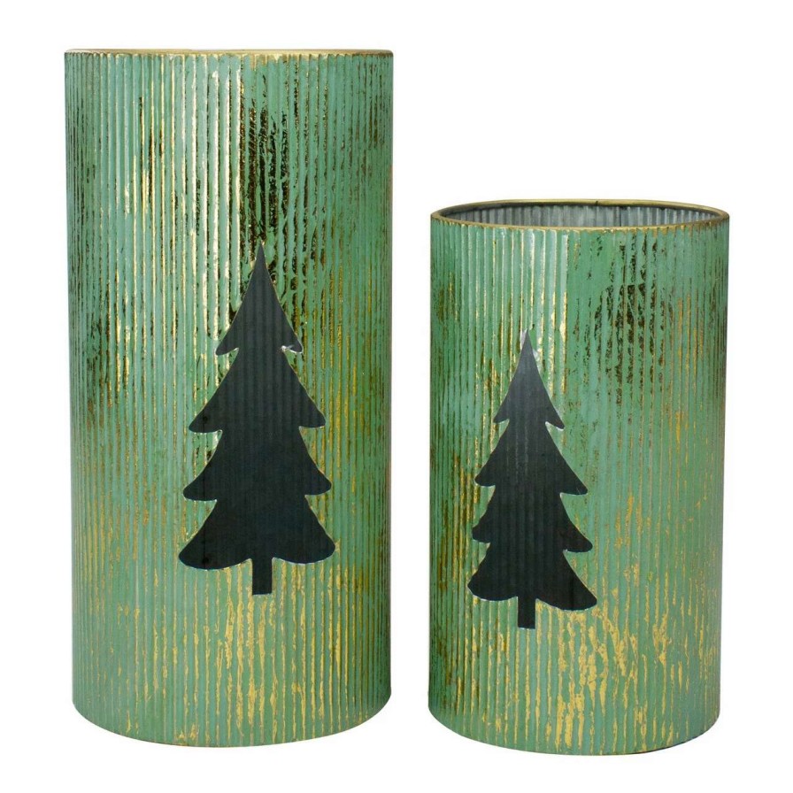 Candles & Lanterns * | Northlight Set Of 2 Rustic Green And Gold Christmas Tree Tabletop Lanterns 12