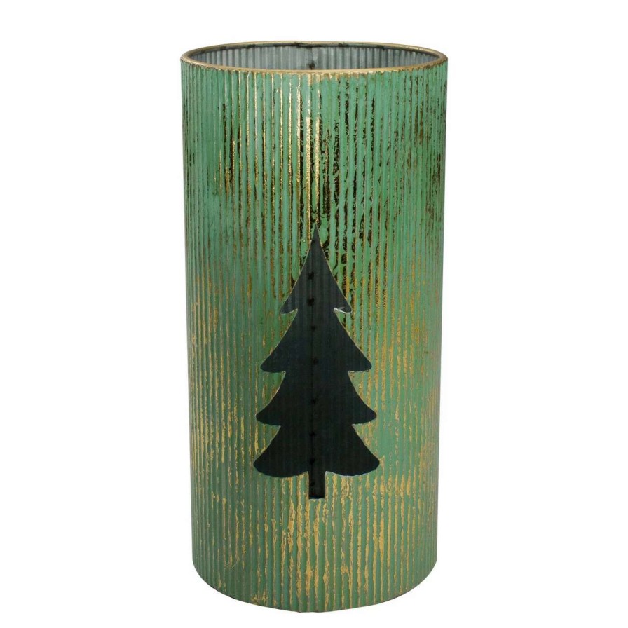 Candles & Lanterns * | Northlight Set Of 2 Rustic Green And Gold Christmas Tree Tabletop Lanterns 12