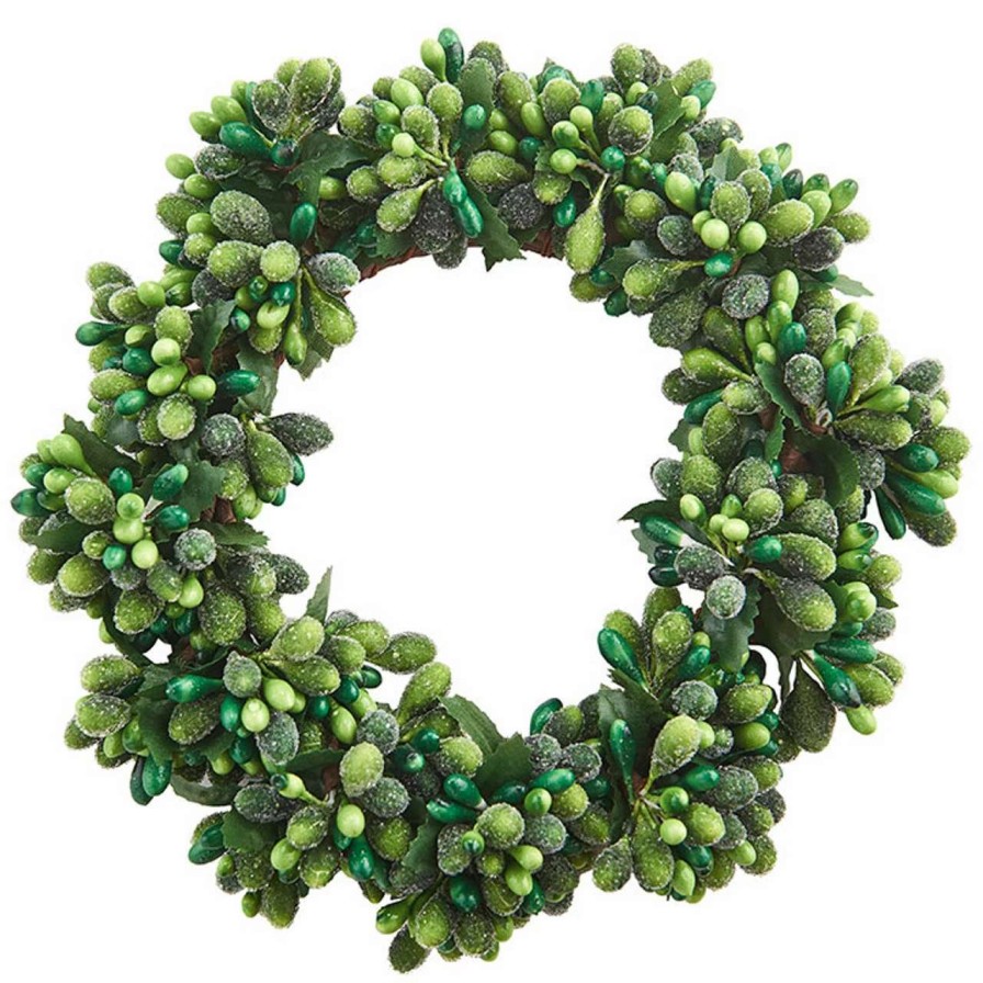 Candles & Lanterns * | Raz 6.5 Frosted Green Holly And Berries Christmas Pillar Candle Ring