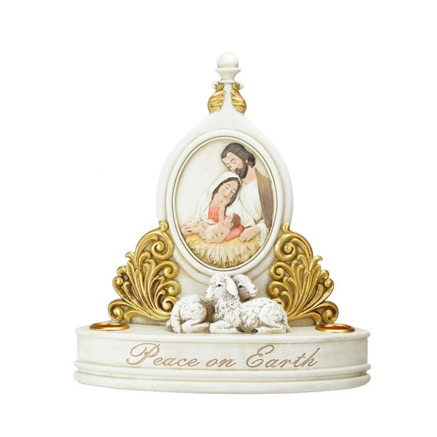 Candles & Lanterns * | Roman 8.5 White And Gold Holy Family "Peace On Earth" Christmas Candle Holder