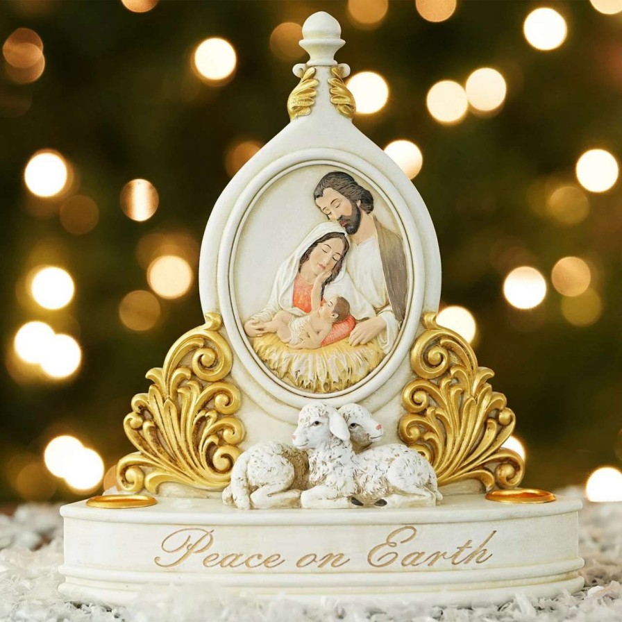 Candles & Lanterns * | Roman 8.5 White And Gold Holy Family "Peace On Earth" Christmas Candle Holder