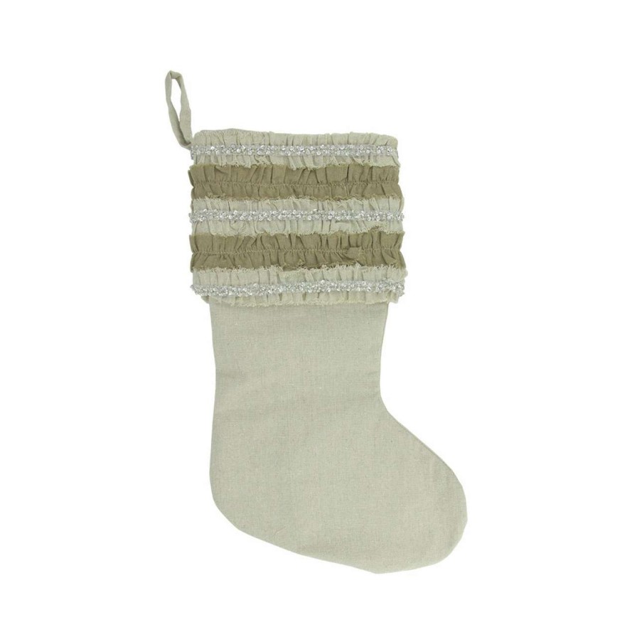 Stockings & Holders * | Cc Christmas Decor 21 Ivory And Sage Green Rustic Christmas Stocking With Beaded Ruffled Cuff