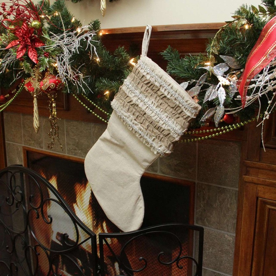 Stockings & Holders * | Cc Christmas Decor 21 Ivory And Sage Green Rustic Christmas Stocking With Beaded Ruffled Cuff