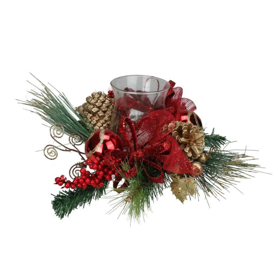 Candles & Lanterns * | Northlight 18 Pine Sprigs And Glittered Berries Christmas Hurricane Candle Holder