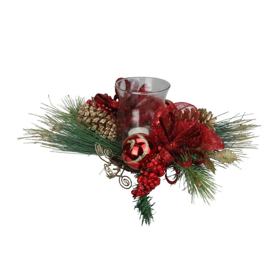 Candles & Lanterns * | Northlight 18 Pine Sprigs And Glittered Berries Christmas Hurricane Candle Holder