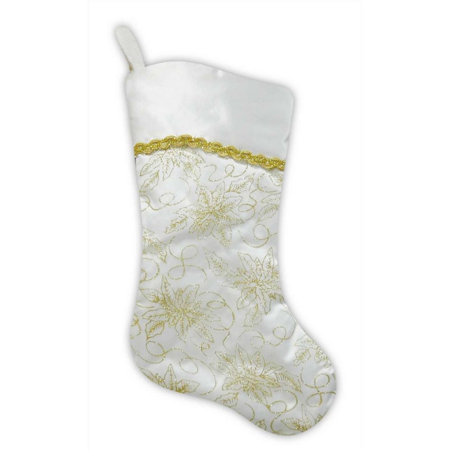 Stockings & Holders * | Northlight 20.5 White And Gold Glitter Poinsettia Christmas Stocking