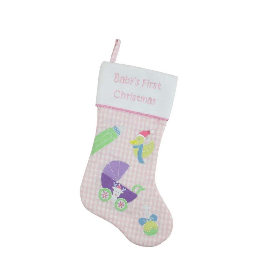 Stockings & Holders * | Northlight 18.5 Pink And White "Baby'S First Christmas" Embroidered Stocking